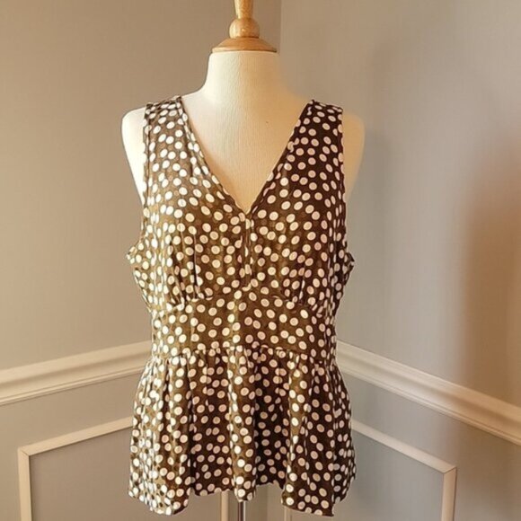 J. Crew Tops - J.CREW Brown White Polka Dot V-Neck Empire Waist Peplum Sleeveless Boho Top 12